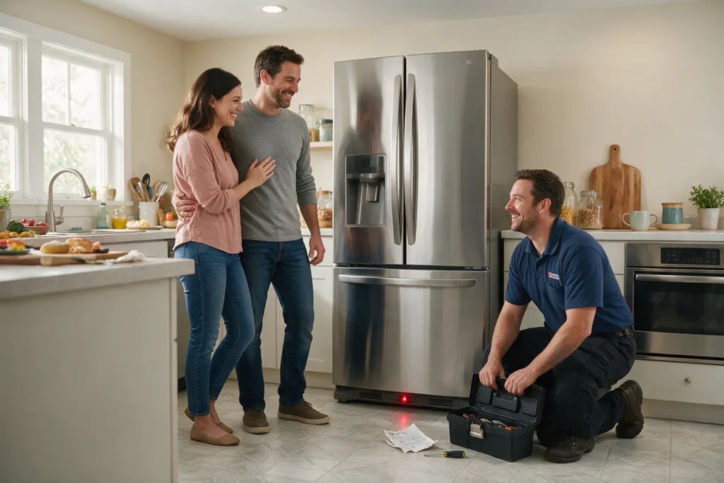 Couple with a technician who repaired their refrigerator