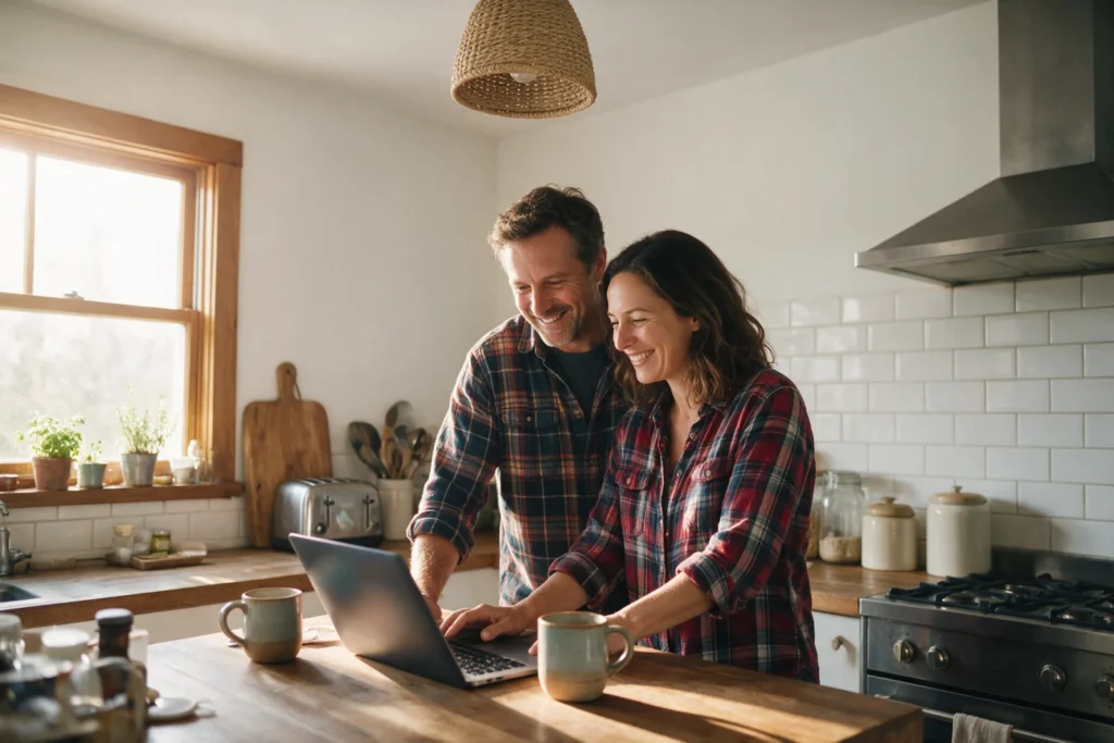Couple reviewing their finances on a laptop in the kitchen