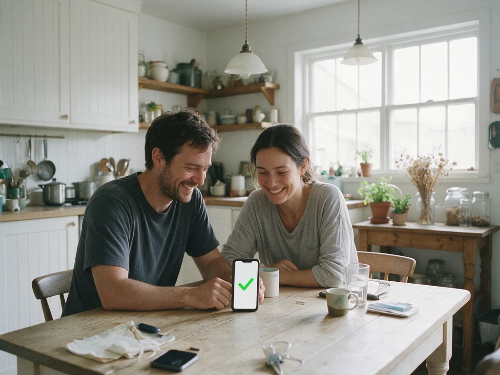 Couple at their kitchen table smiling at a phone showing an approval