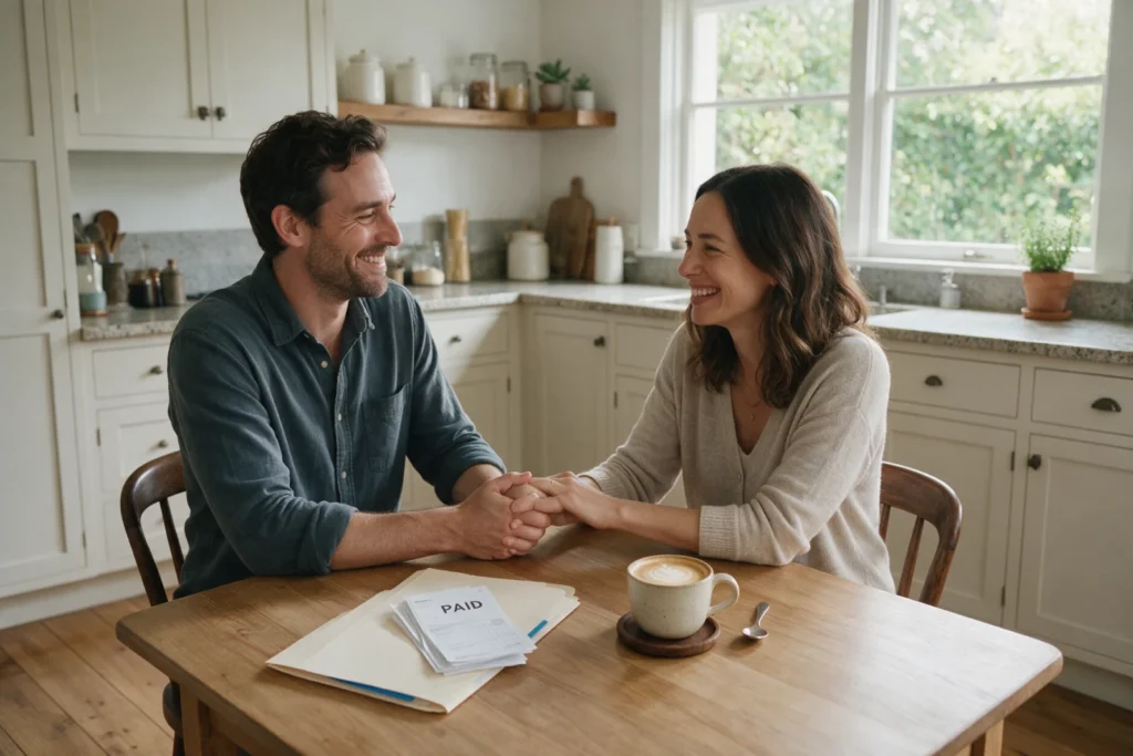 Relieved couple at the kitchen table with their bills organized