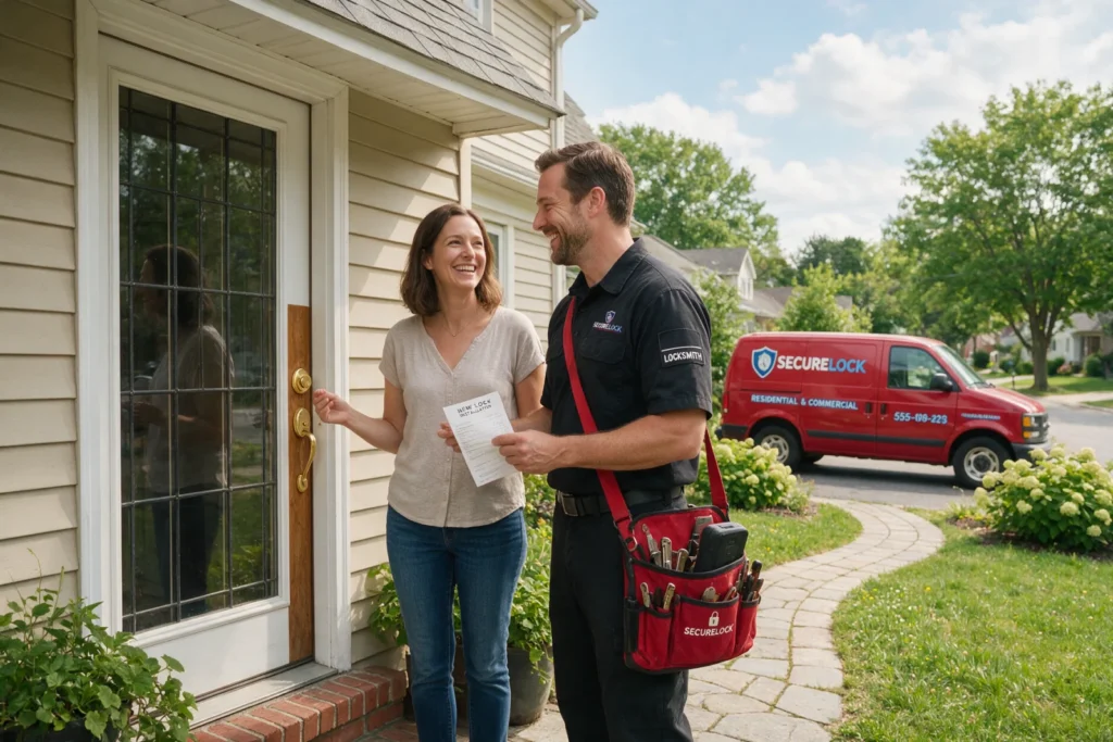 Couple with a locksmith who installed a new door lock