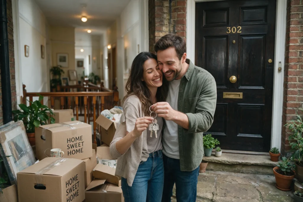 Couple with the keys to their new apartment