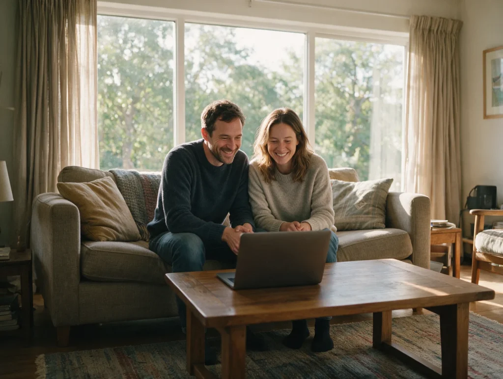 Couple looking at a laptop together on the sofa