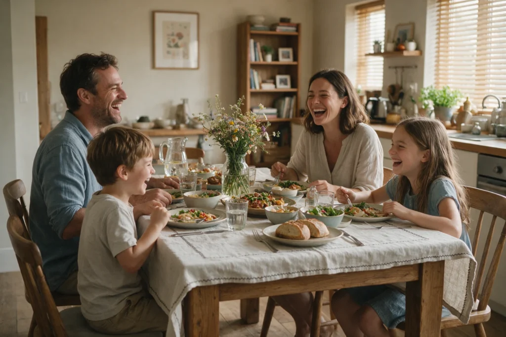 Family laughing together around the dinner table