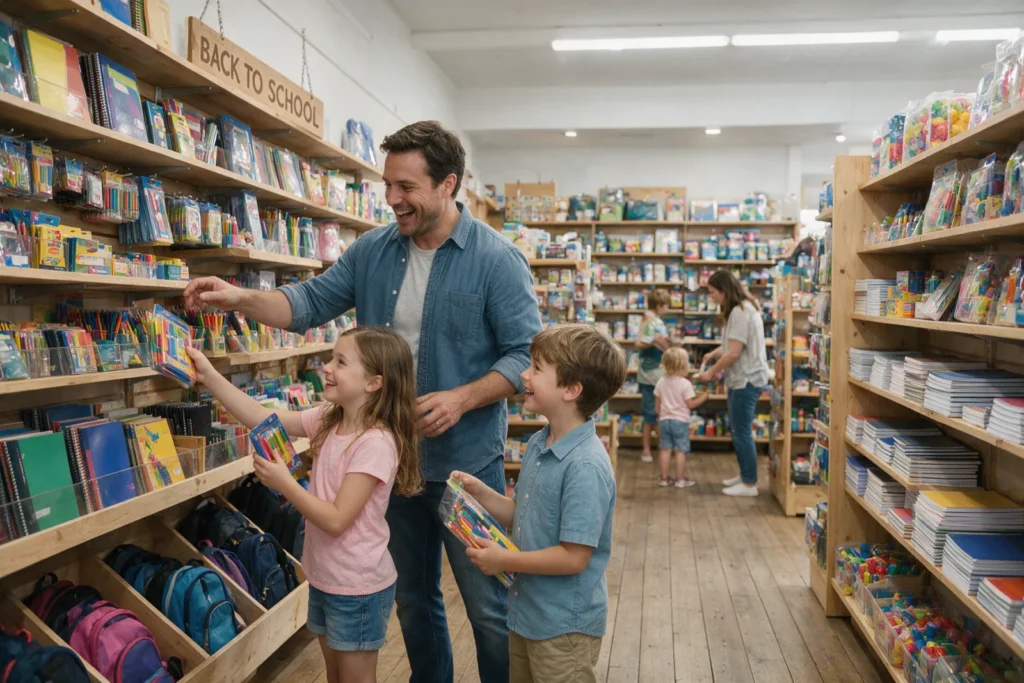 Father and kids shopping for school supplies