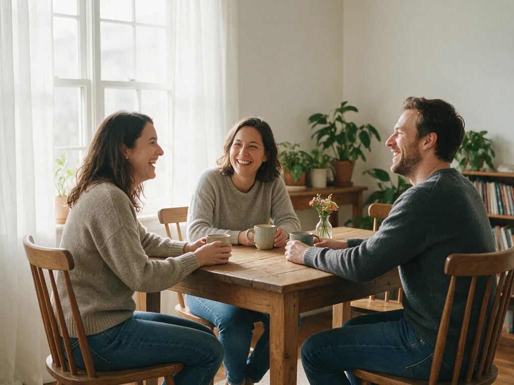 Three friendly people chatting and laughing around a wooden table in a cozy room