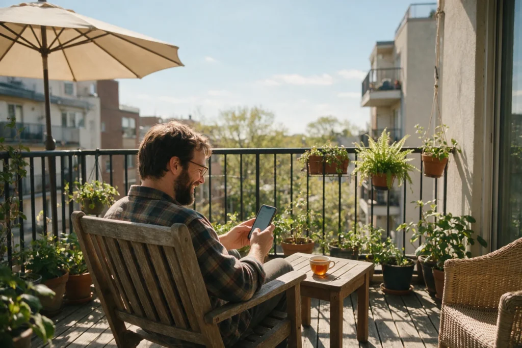 Man using his phone on a sunny balcony