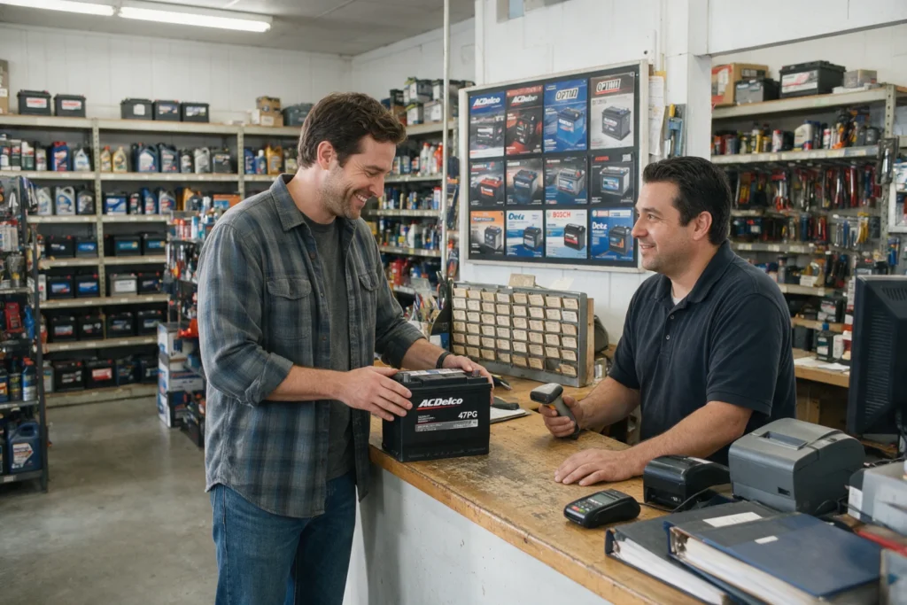 Man buying a new car battery at an auto parts store