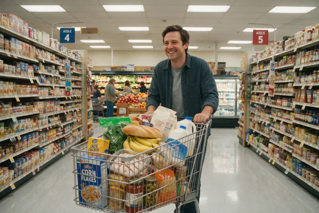 Smiling man with a full cart of groceries