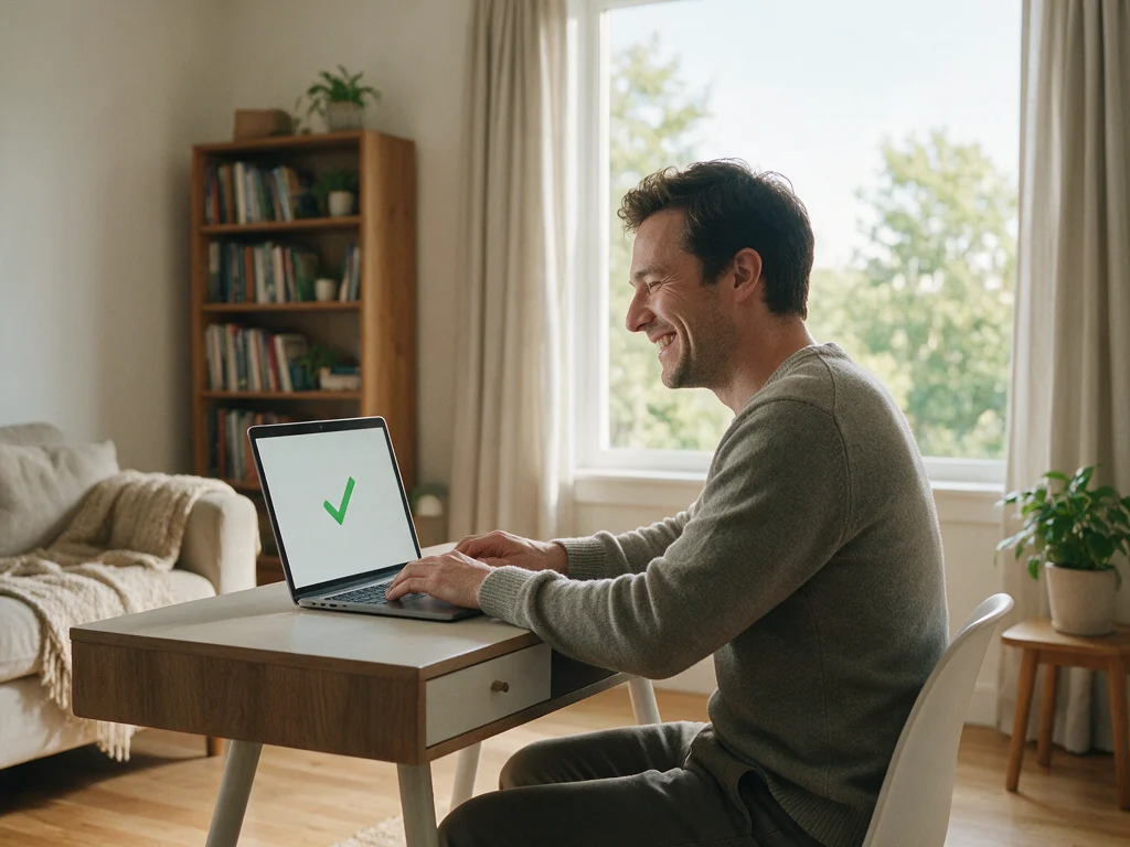 Man at his home desk smiling at his laptop after his online approval