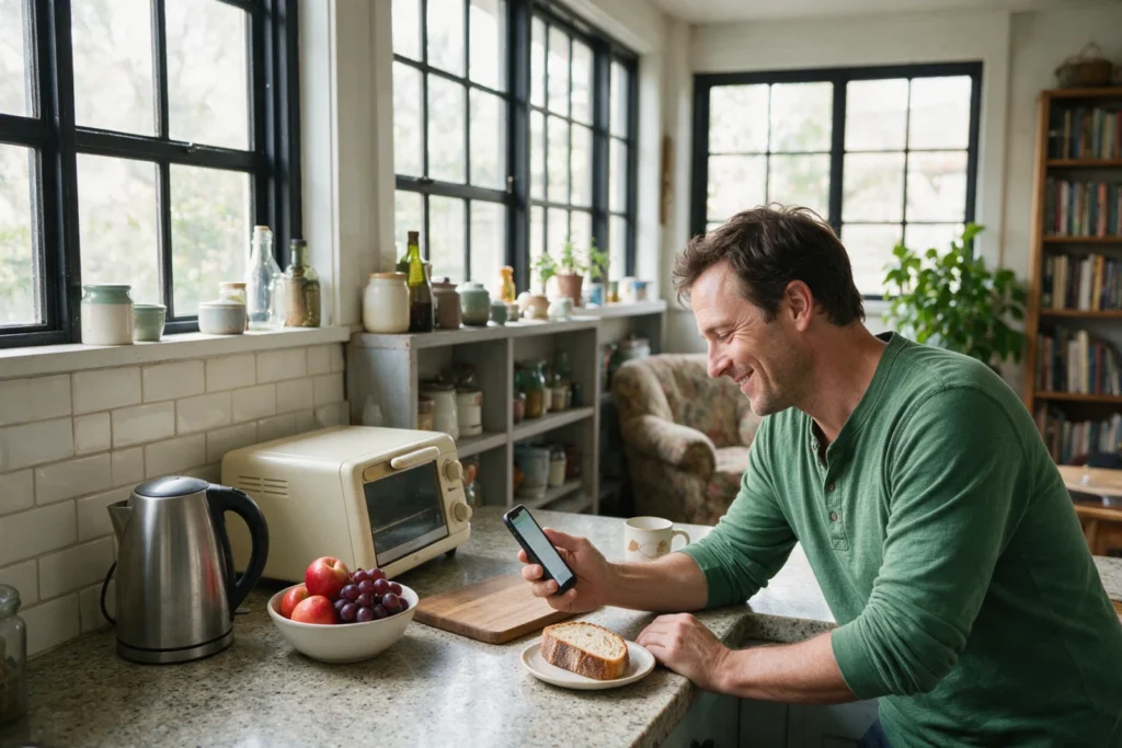 Man smiling at his phone in the kitchen