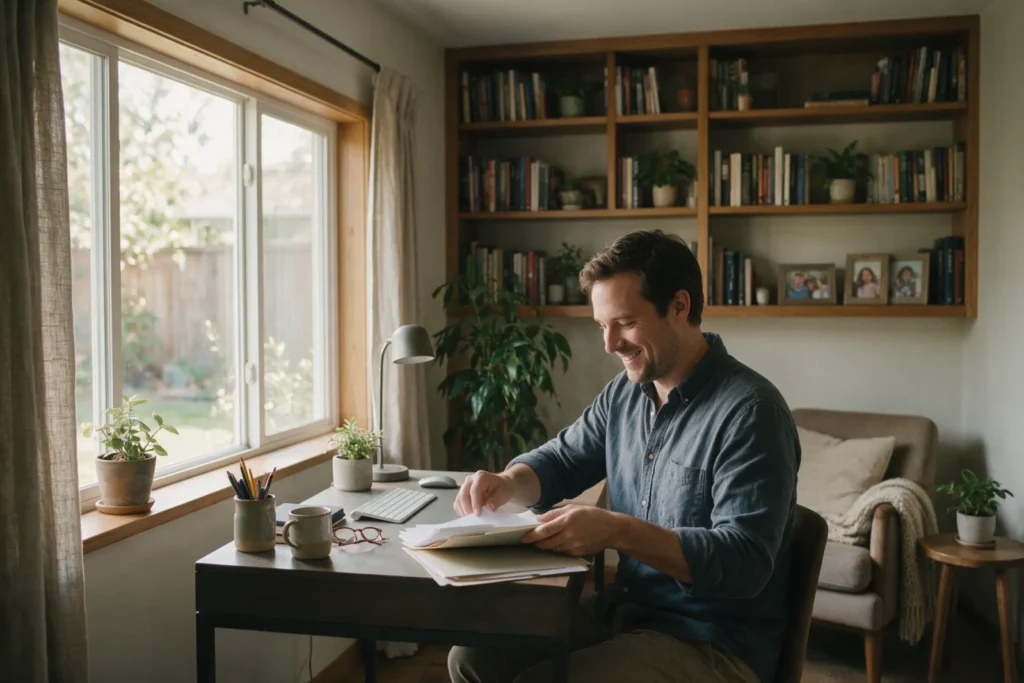 Man calmly organizing his papers into one folder