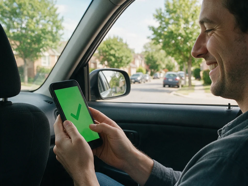Man smiling at his phone in his parked car after instant approval