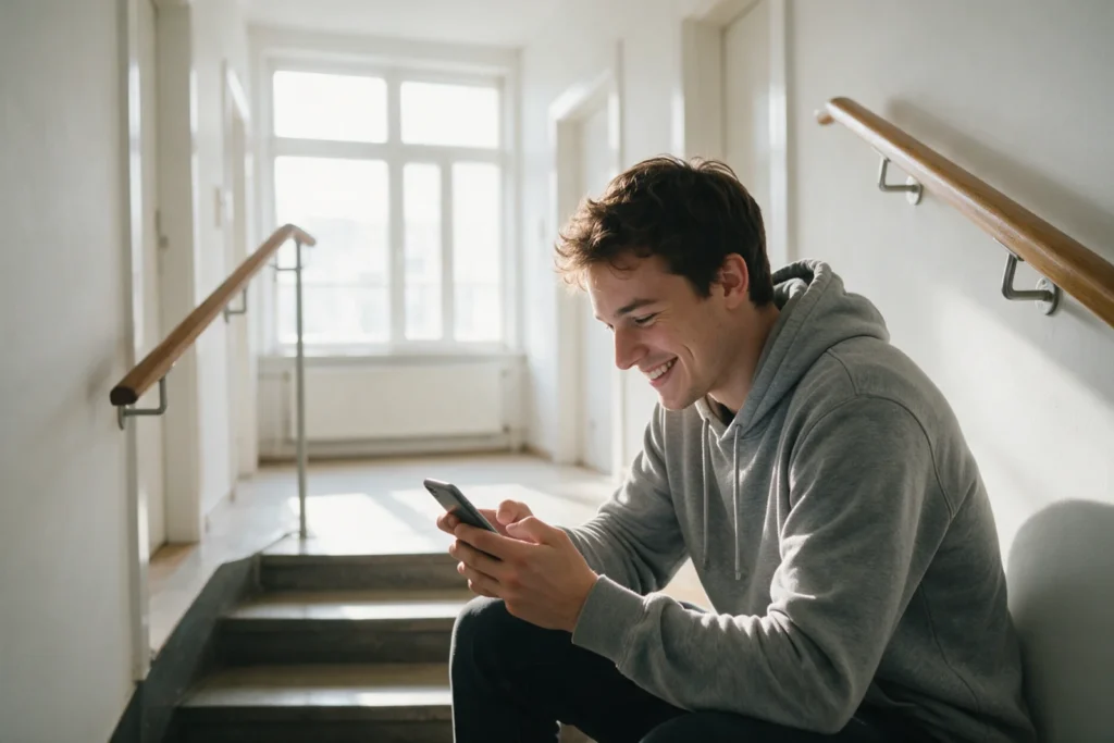 Young man checking his phone on apartment stairs