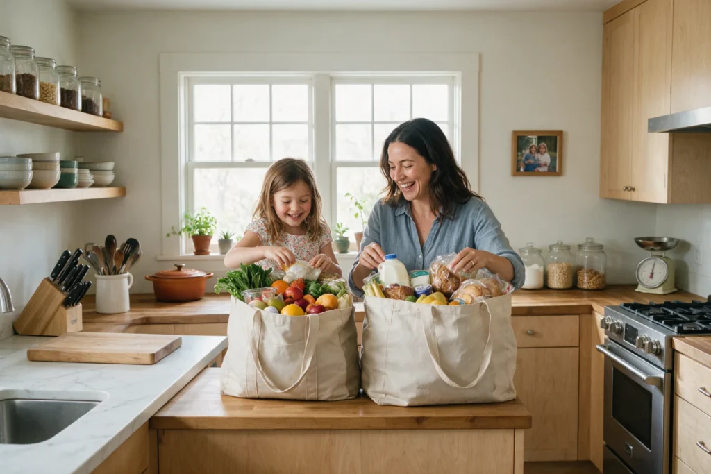 Mother and daughter happily unpacking groceries in their kitchen
