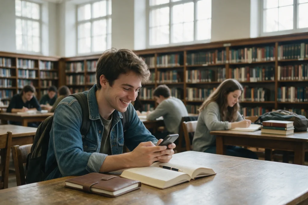 Student smiling at his phone in a library