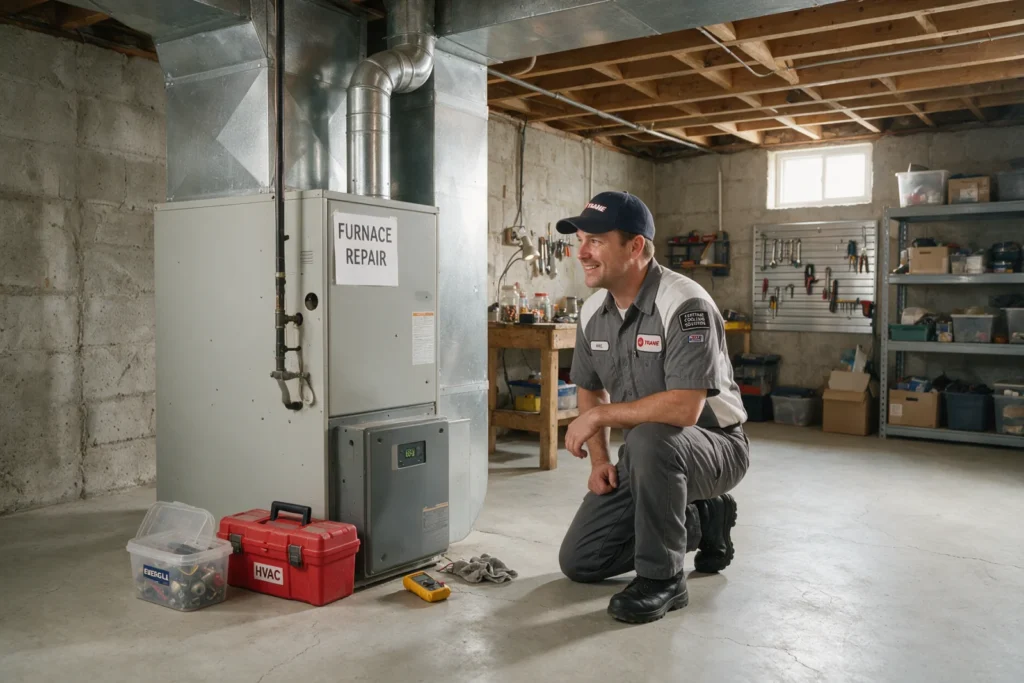 Technician finishing a furnace repair in a home basement