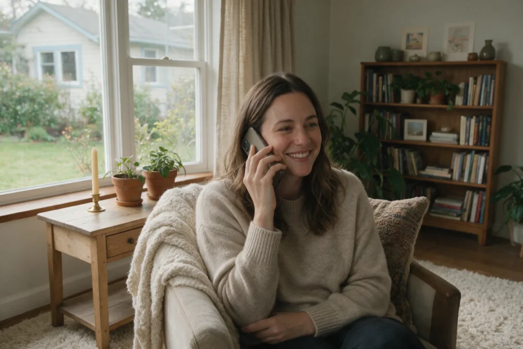 Friendly woman talking on the phone in her living room