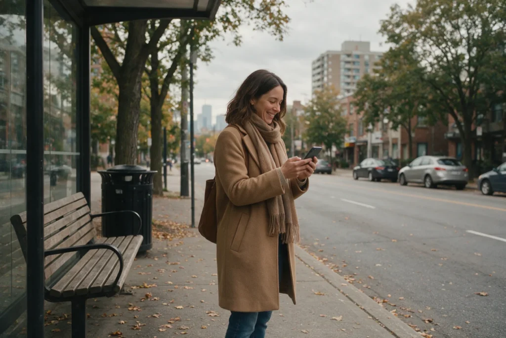 Woman relieved while checking her phone at a bus stop