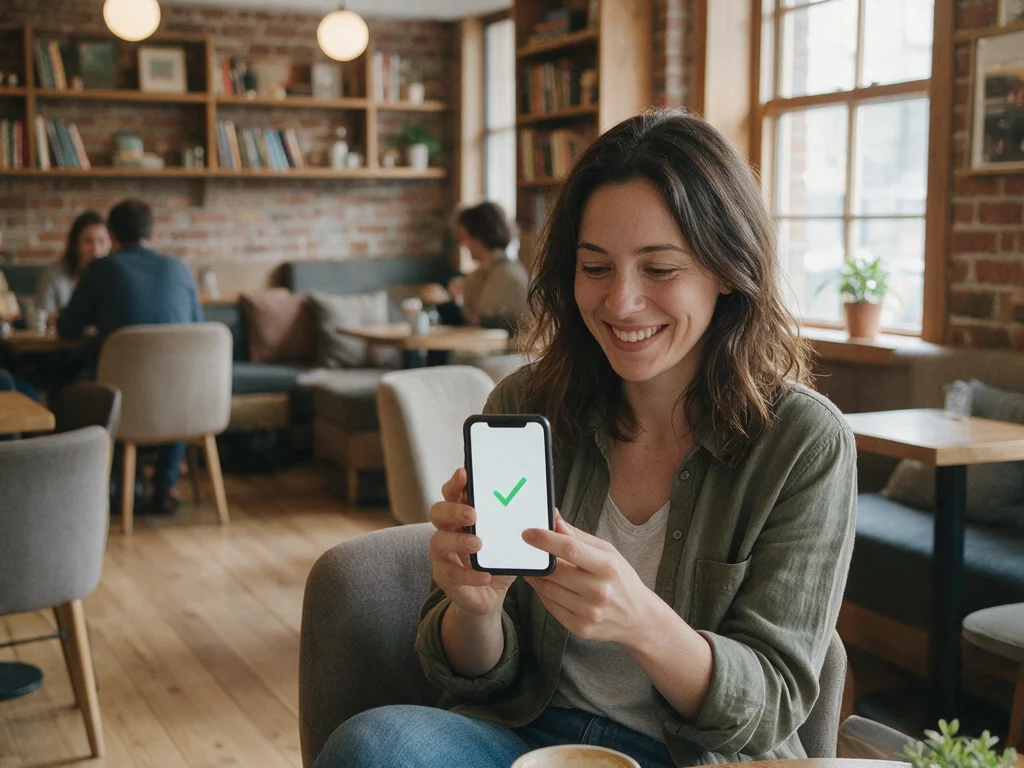 Woman smiling at her phone in a cafe after receiving an e-Transfer