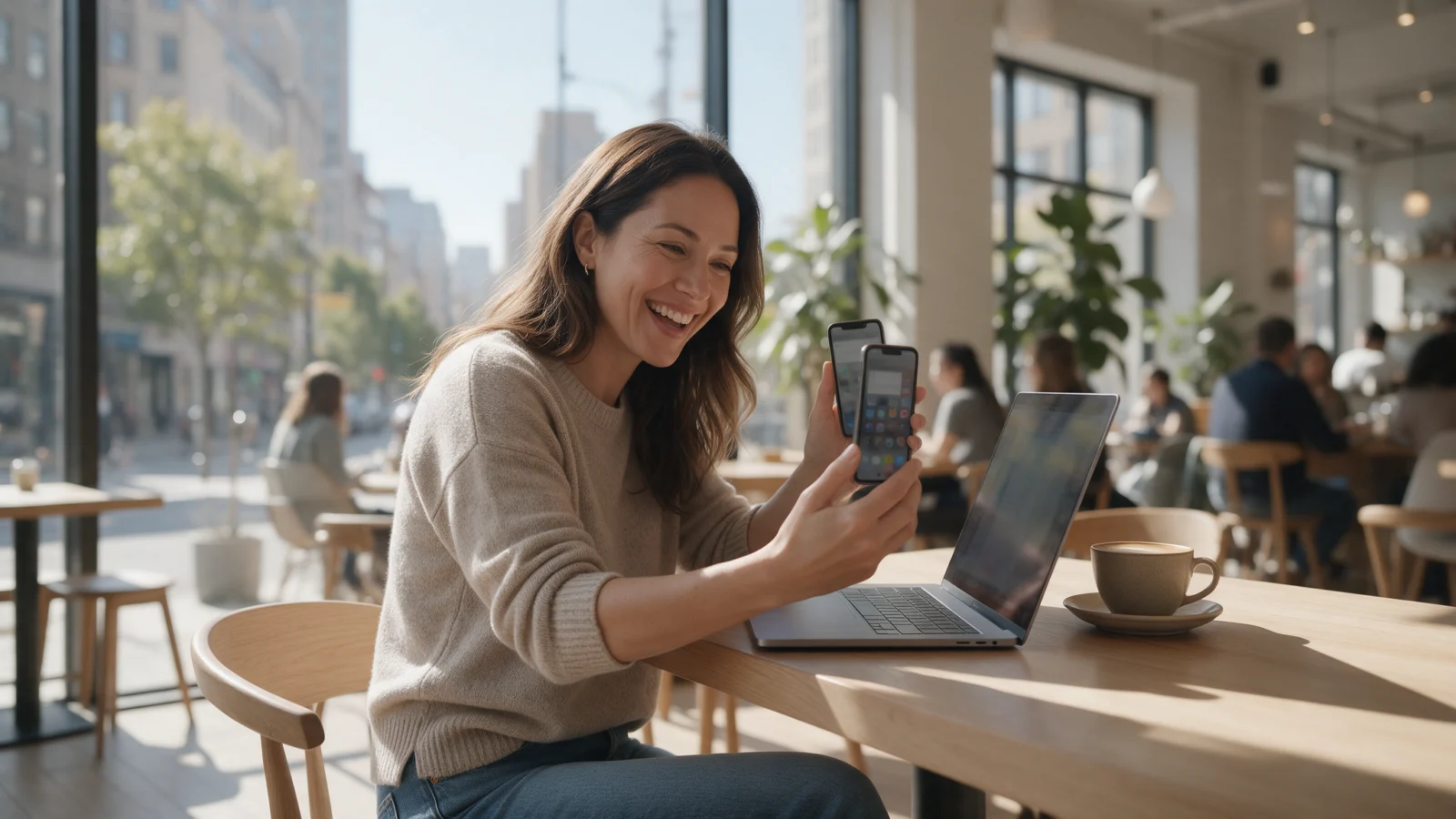 Smiling woman holding her phone in a cafe
