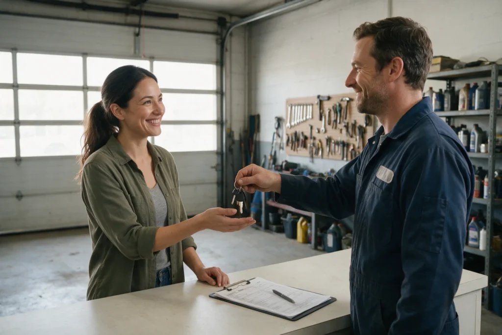 Woman receiving her car keys from a mechanic after the repair