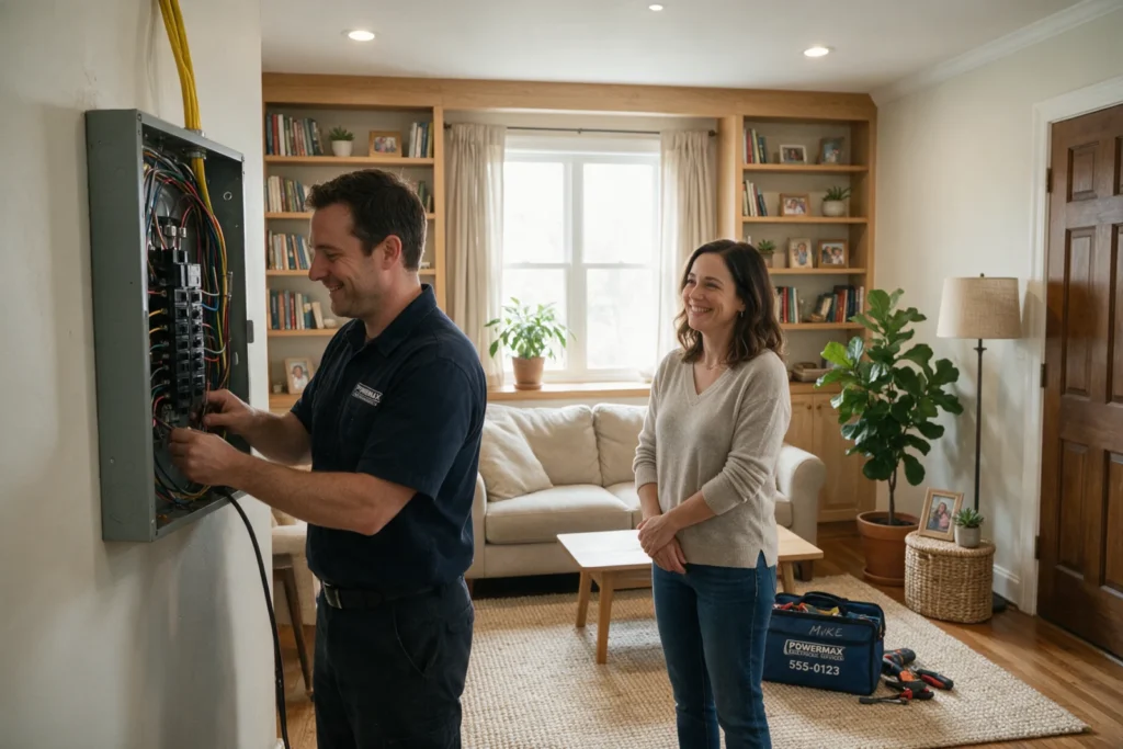 Woman smiling as an electrician restores power at home