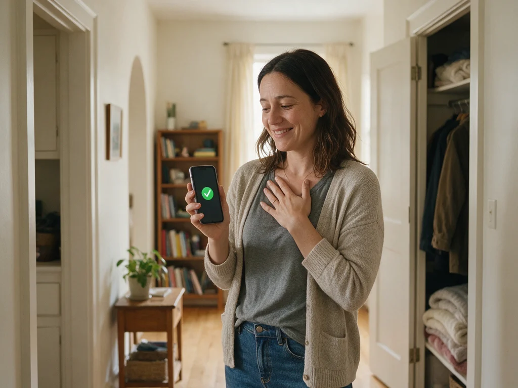 Relieved woman at home looking at her phone with her hand on her chest