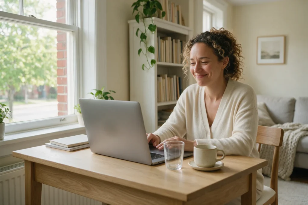 Woman working on a laptop at a bright home office