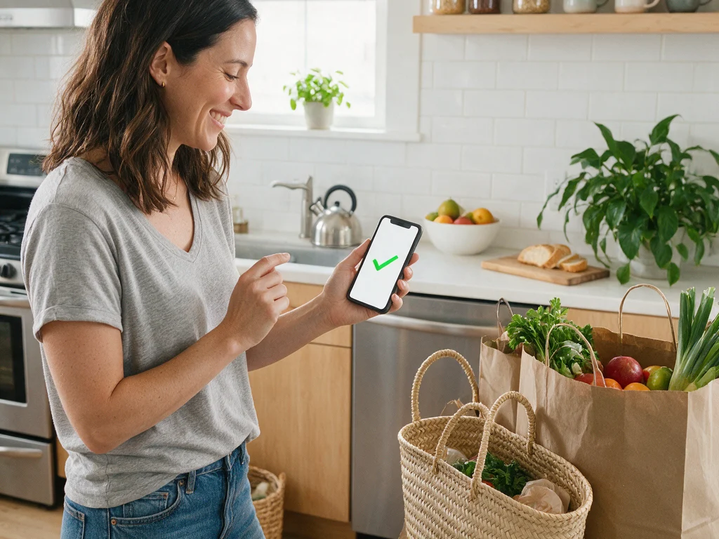 Woman in her kitchen smiling at her phone with groceries beside her