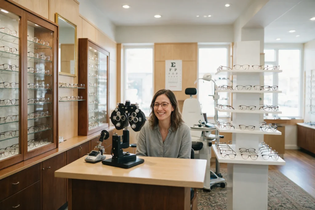 Woman smiling at an optician shop with her new glasses