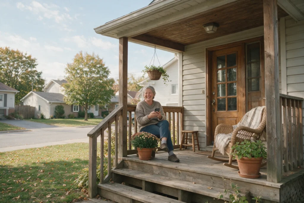 Woman using her phone on a house porch