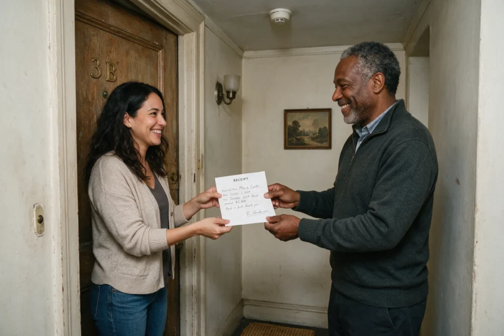 Woman receiving her rent receipt from her landlord