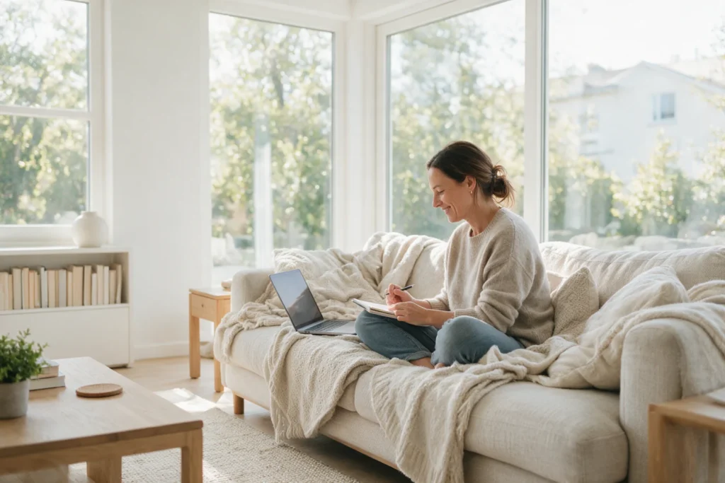 Woman planning her budget on the sofa with a laptop